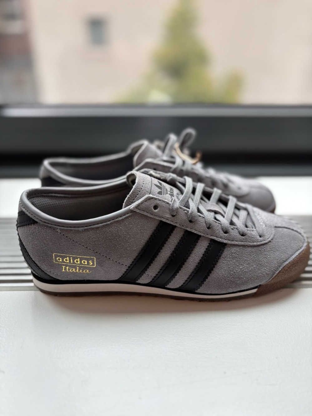 adidas Italia Gray Suede Sneakers with Black Stripes